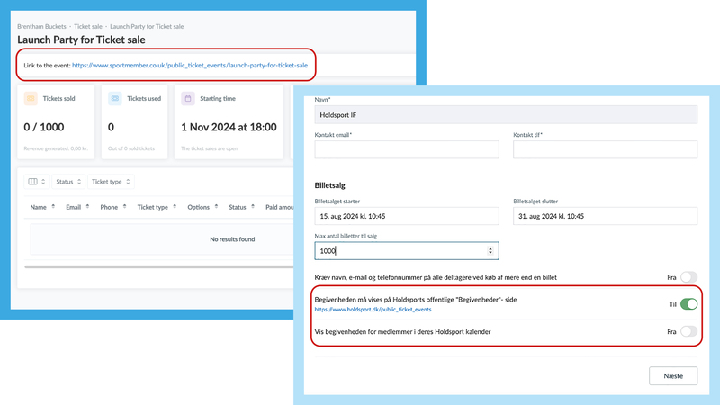 Event overview in SportMember with a link to the event page and settings for publishing