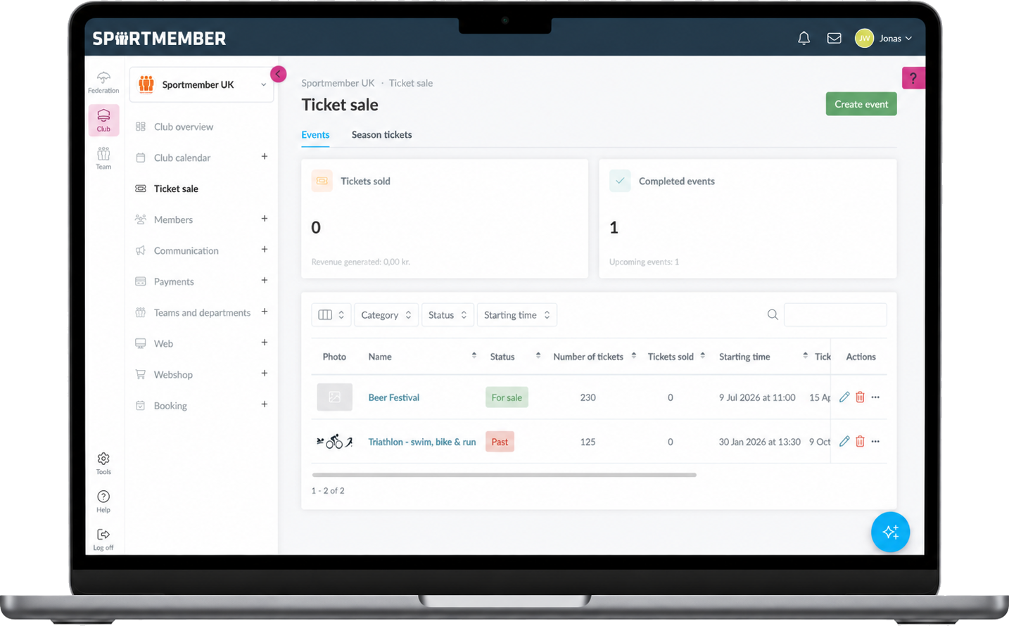 Ticket sale overview in the SportMember web admin – tickets sold, events and participants